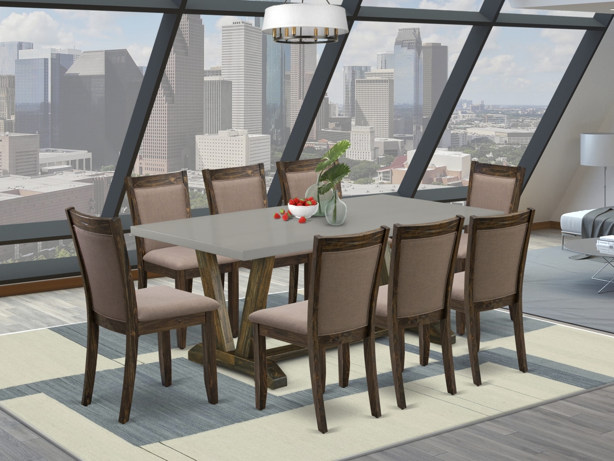 V797MZ748-9 Dinette Set, Multi Color - A Dinner Table with Trestle Base & 8 Coffee Wood Dining Chairs - Distressed Jacobean Finish - 9 Piece