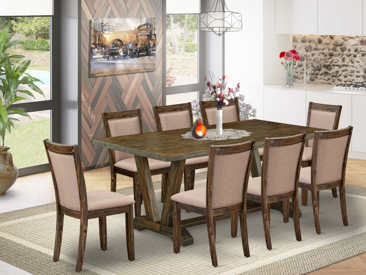 V777MZ716-9 Innovative Dinette Set, Multi Color - A Dining Room Table with Trestle Base & 8 Dining Chairs - Distressed Jacobean Finish - 9 Piece