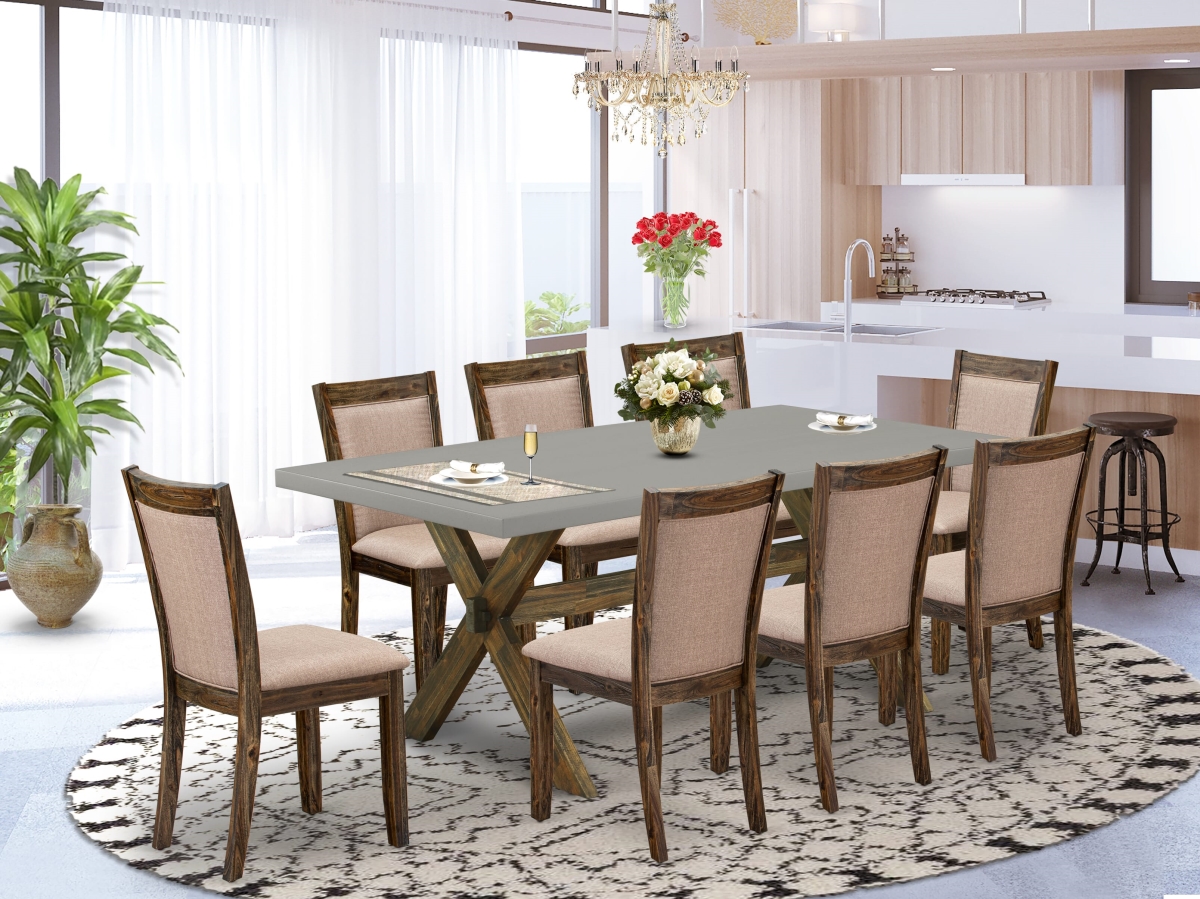 X797MZ716-9 Innovative Dining Set, Multi Color - A Kitchen Table with Trestle Base & 8 Kitchen Chairs - Distressed Jacobean Finish - 9 Piece