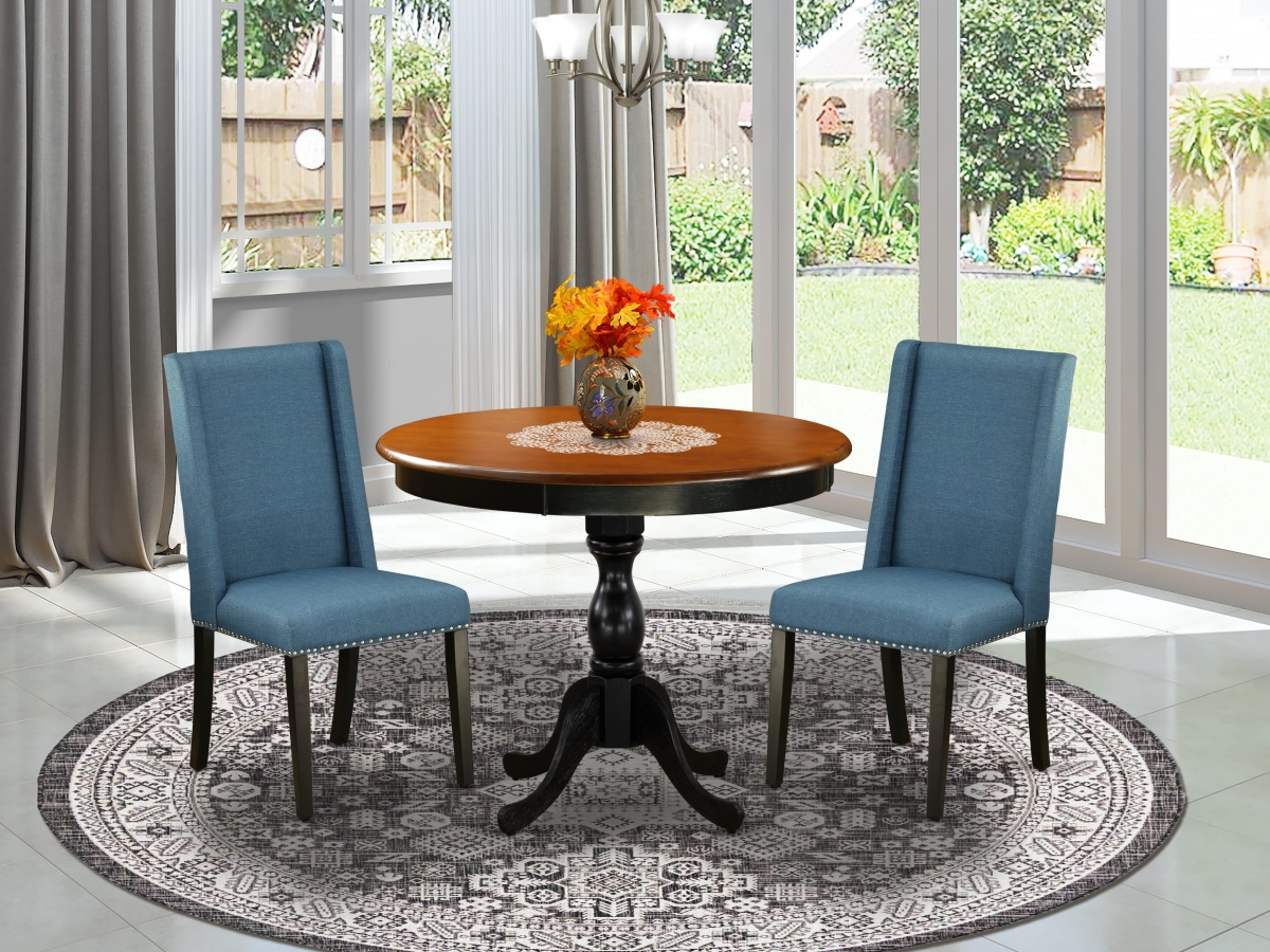 AMFL3-BCH-21 Dinning Room Set, Black & Cherry - A Wood Kitchen Table & 2 Blue Linen Fabric Dinning Chairs - 3 Piece