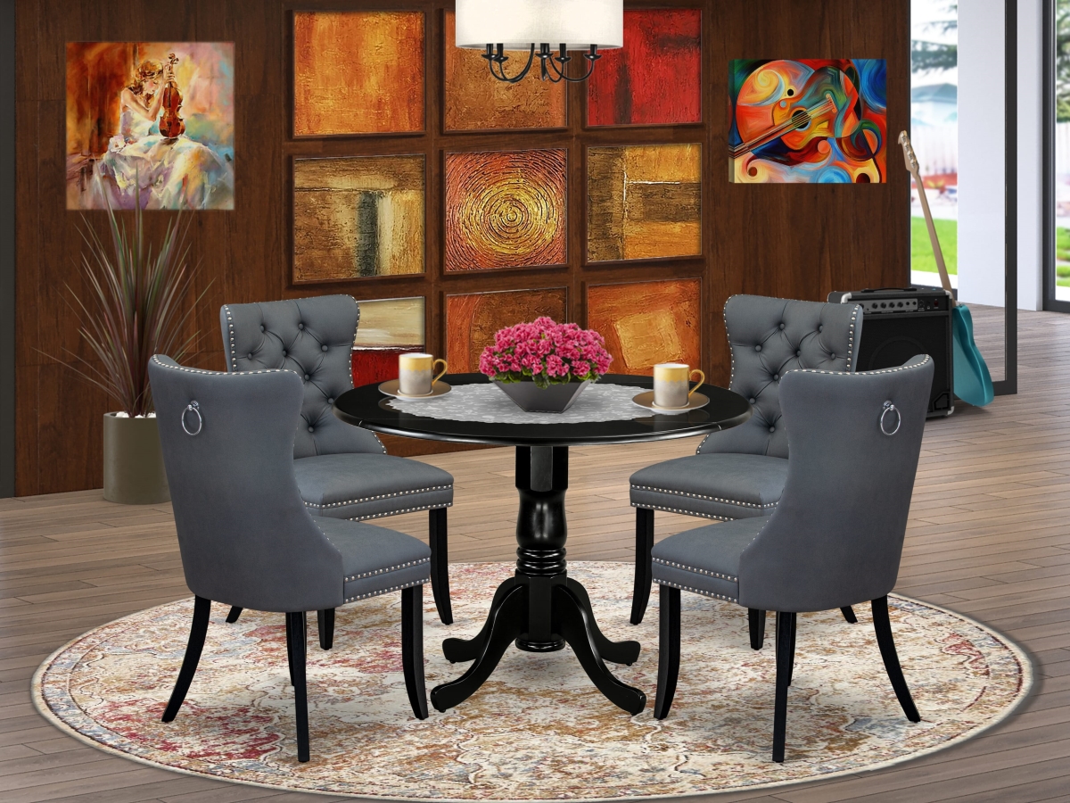 DLDA5-BLK-13 Dining Set, Black - A Round Kitchen Table with Dropleaf & 4 Upholstered Chairs - 5 Piece