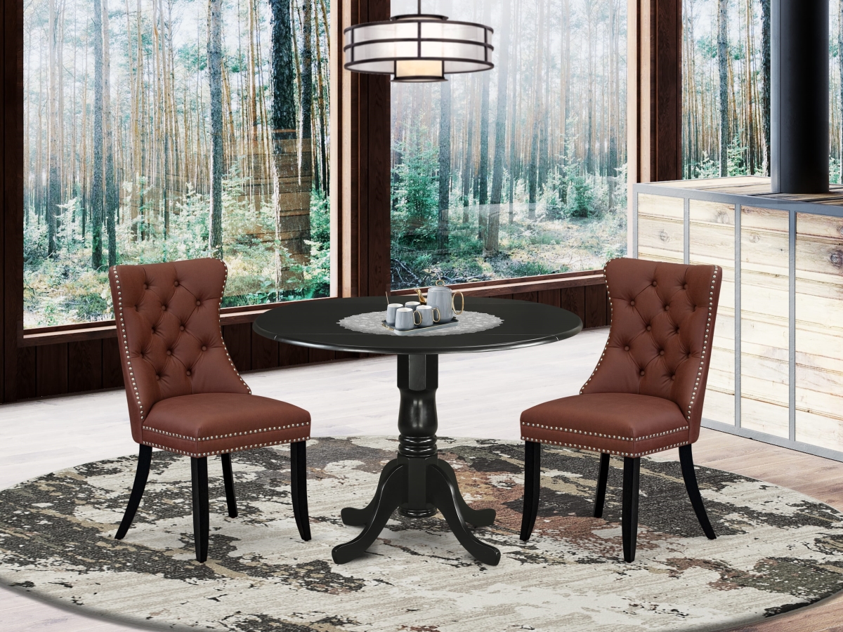 DLDA3-BLK-26 A Round Kitchen Table with Dropleaf & 2 Upholstered Chairs Dining Room Set, Black - 3 Piece