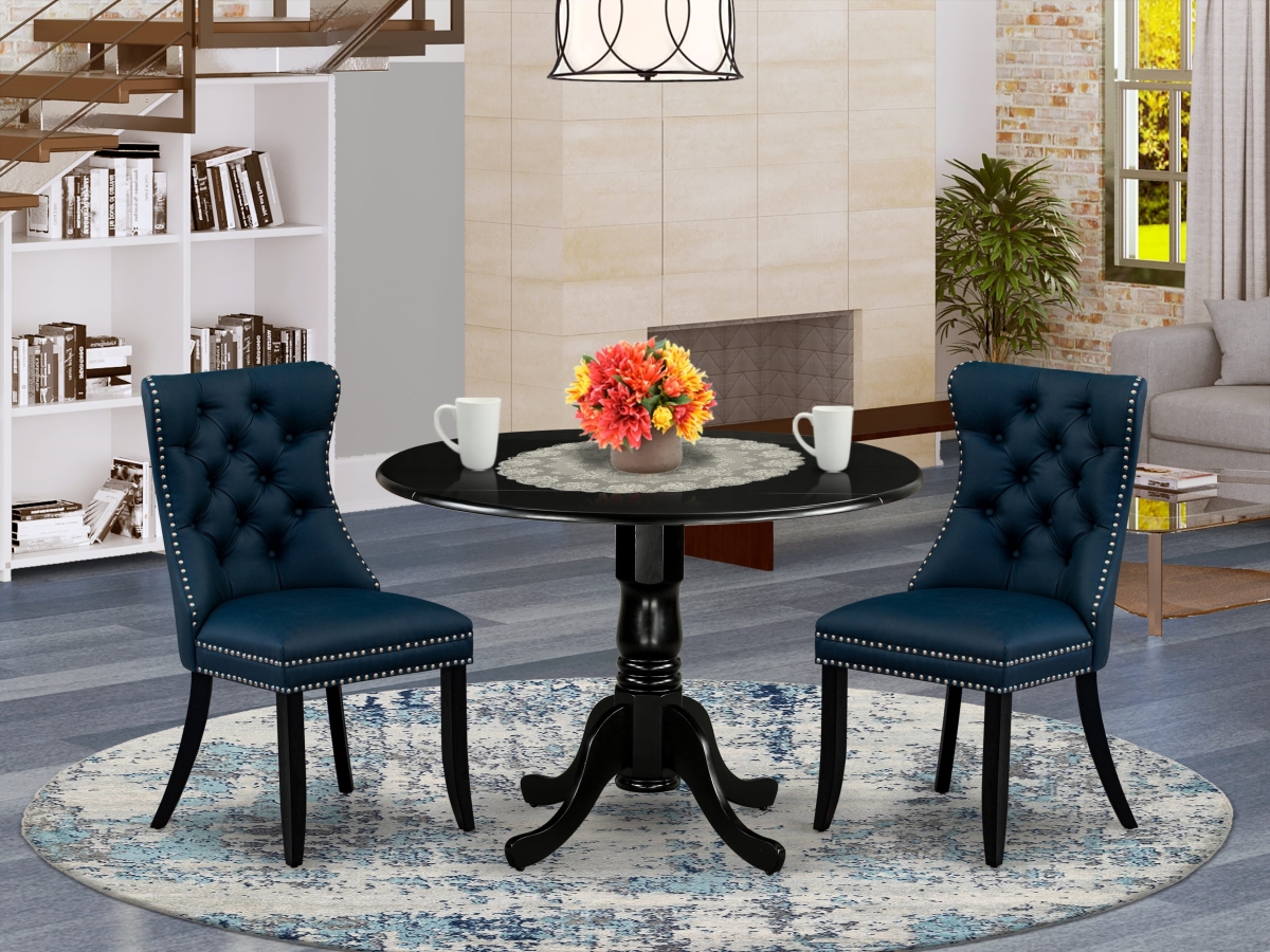 DLDA3-BLK-29 Dining Room Set, Black - A Round Kitchen Table with Dropleaf & 2 Upholstered Chairs - 3 Piece