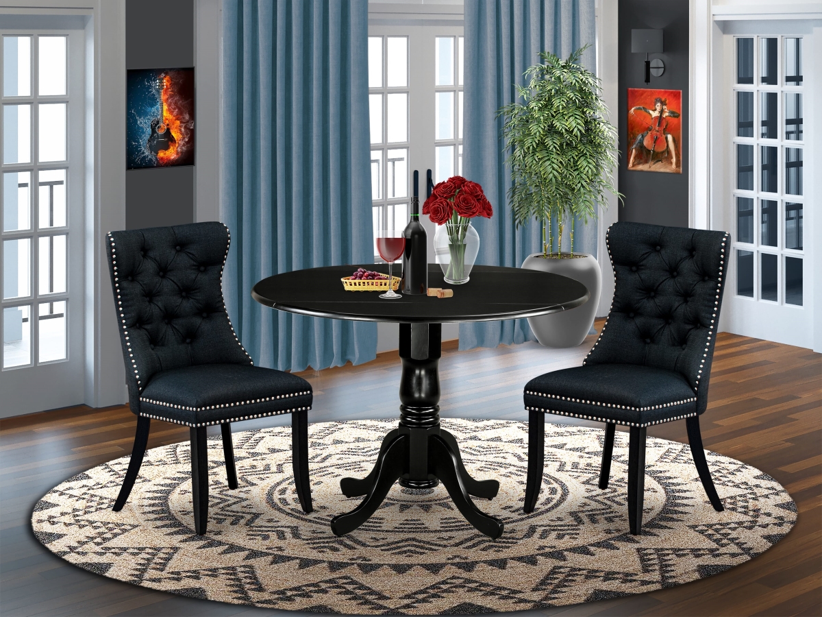 DLDA3-BLK-24 Dining Set, Black - A Round Kitchen Table with Dropleaf & 2 Upholstered Chairs - 3 Piece