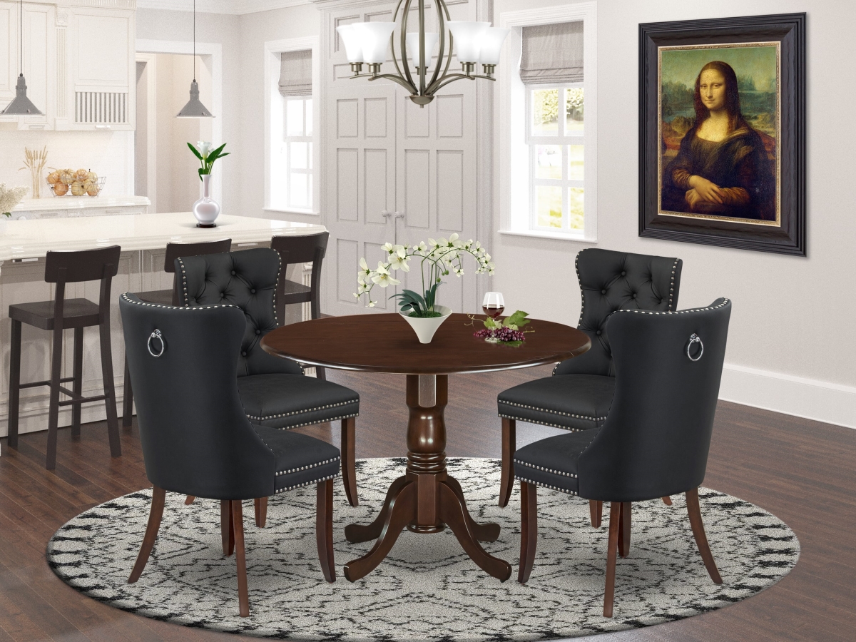 DLDA5-MAH-12 Dining Room Set, Mahogany - A Round Kitchen Table with Dropleaf & 4 Upholstered Chairs - 5 Piece