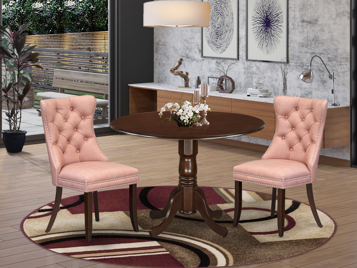 DLDA3-MAH-23 Dining Set, Mahogany - A Round Kitchen Table with Dropleaf & 2 Upholstered Chairs - 3 Piece