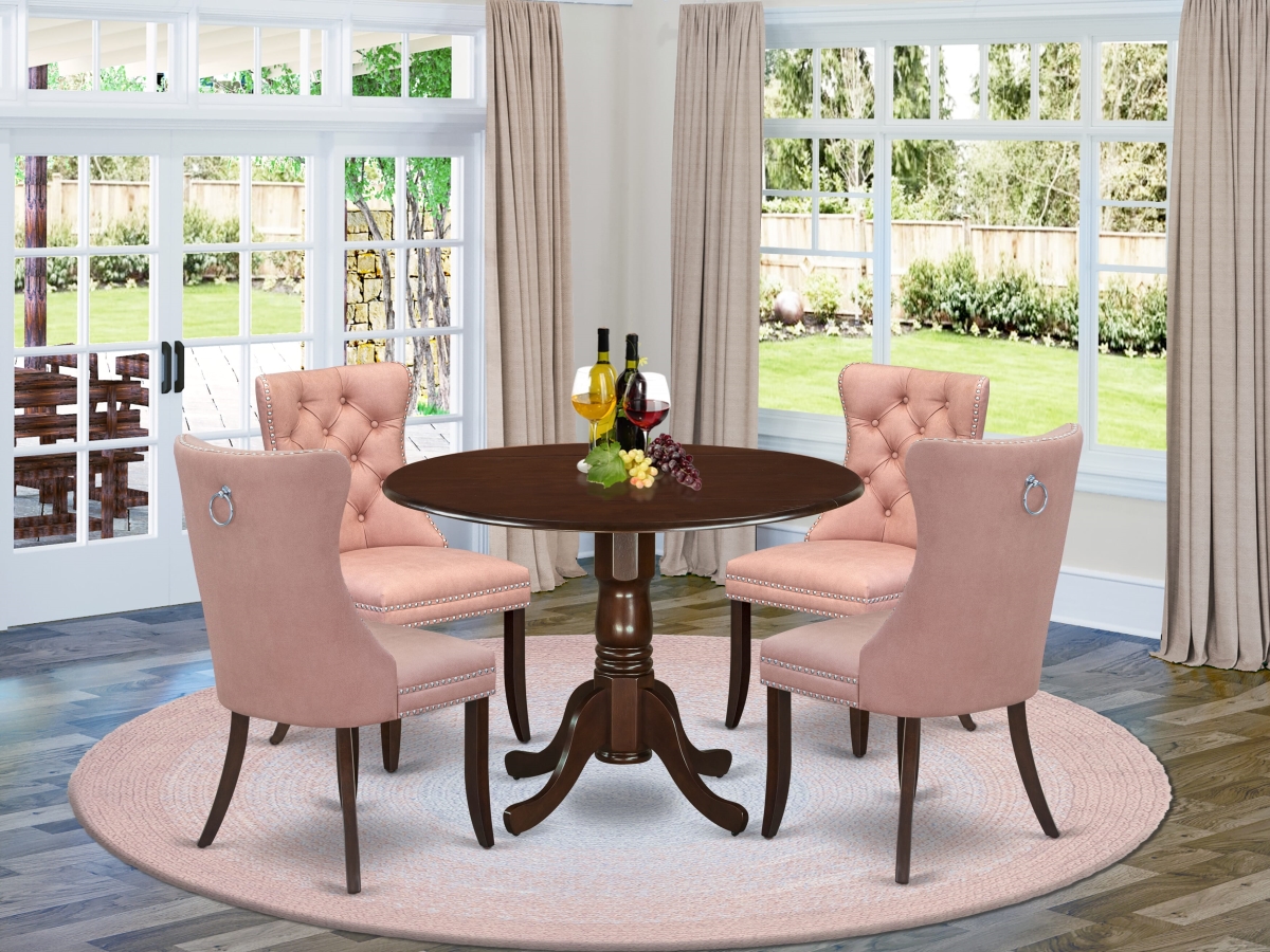 DLDA5-MAH-23 Dining Room Set, Mahogany - A Round Solid Wood Table with Dropleaf & 4 Upholstered Chairs - 5 Piece