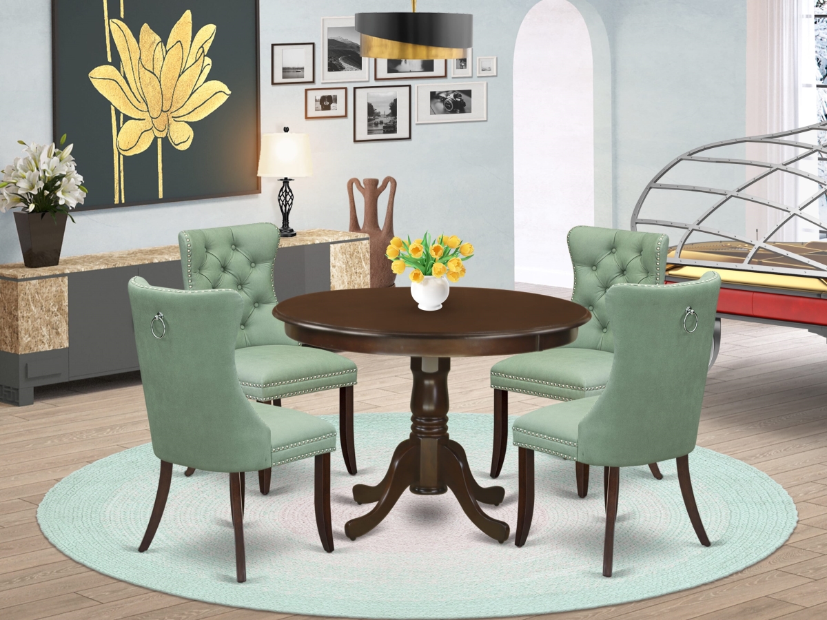 HLDA5-MAH-22 Dining Room Set, Mahogany - A Round Kitchen Table with Pedestal & 4 Upholstered Chairs - 5 Piece