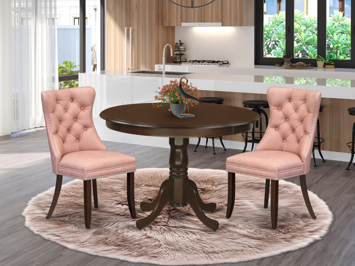 HLDA3-MAH-23 Dining Set, Mahogany - A Round Kitchen Table with Pedestal & 2 Parson Chairs - 3 Piece