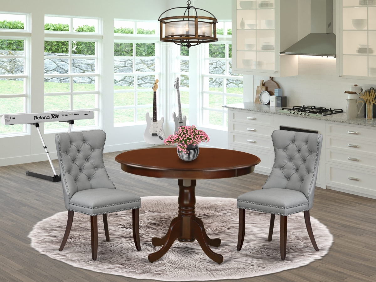 HLDA3-MAH-27 A Round Kitchen Table with Pedestal & 2 Upholstered Chairs Dining Set, Mahogany - 3 Piece