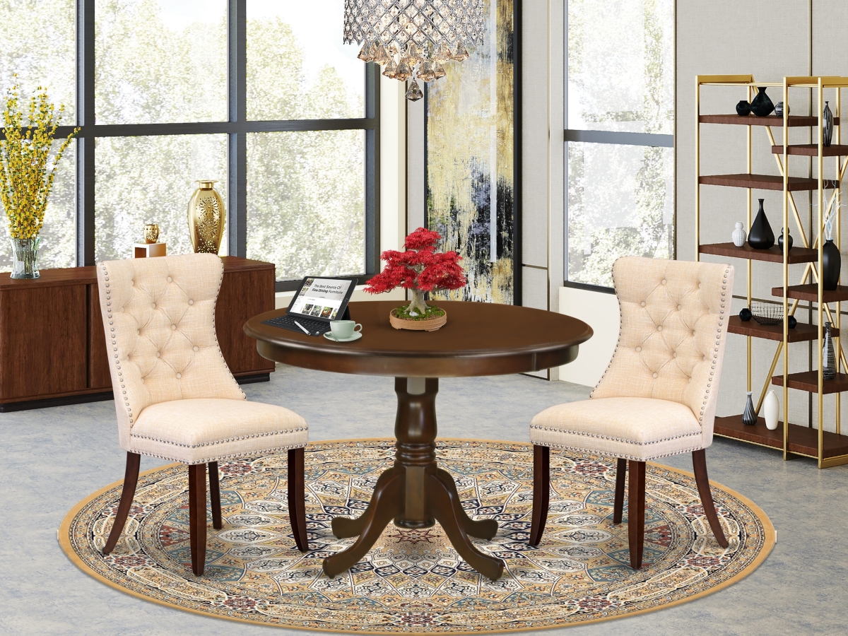 HLDA3-MAH-32 Dining Set, Mahogany - A Round Kitchen Table with Pedestal & 2 Upholstered Chairs - 3 Piece
