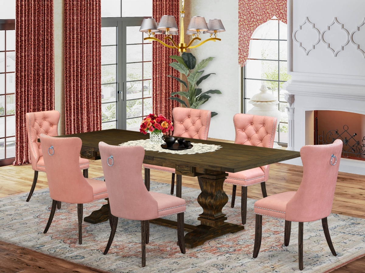 LADA7-07-T23 A Rectangle Solid Wood Table with Removable Leaf & 6 Upholstered Chairs Dining Set, Jacobean - 7 Piece
