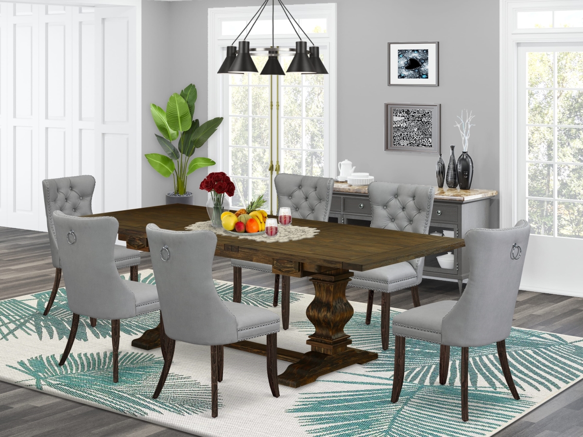 LADA7-07-T27 Dining Set, Jacobean - A Rectangle Solid Wood Table with Removable Leaf & 6 Upholstered Chairs - 7 Piece