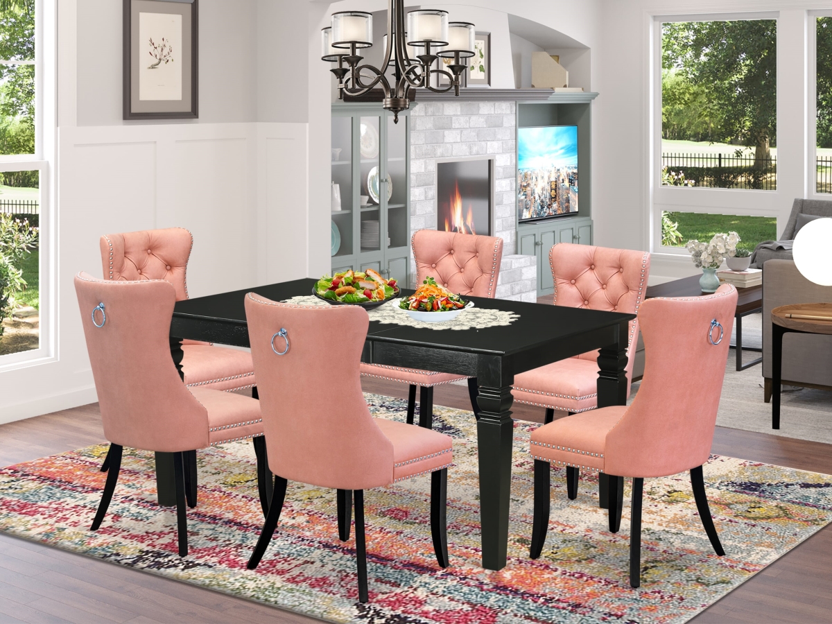 WEDA7-BLK-23 A Rectangle Kitchen Table with Removable Leaf & 6 Upholstered Chairs Dining Set, Black - 7 Piece