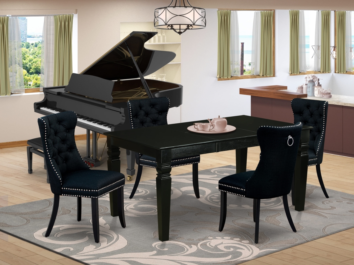 WEDA5-BLK-24 A Rectangle Wooden Table with Removable Leaf & 4 Upholstered Chairs Dining Set, Black - 5 Piece