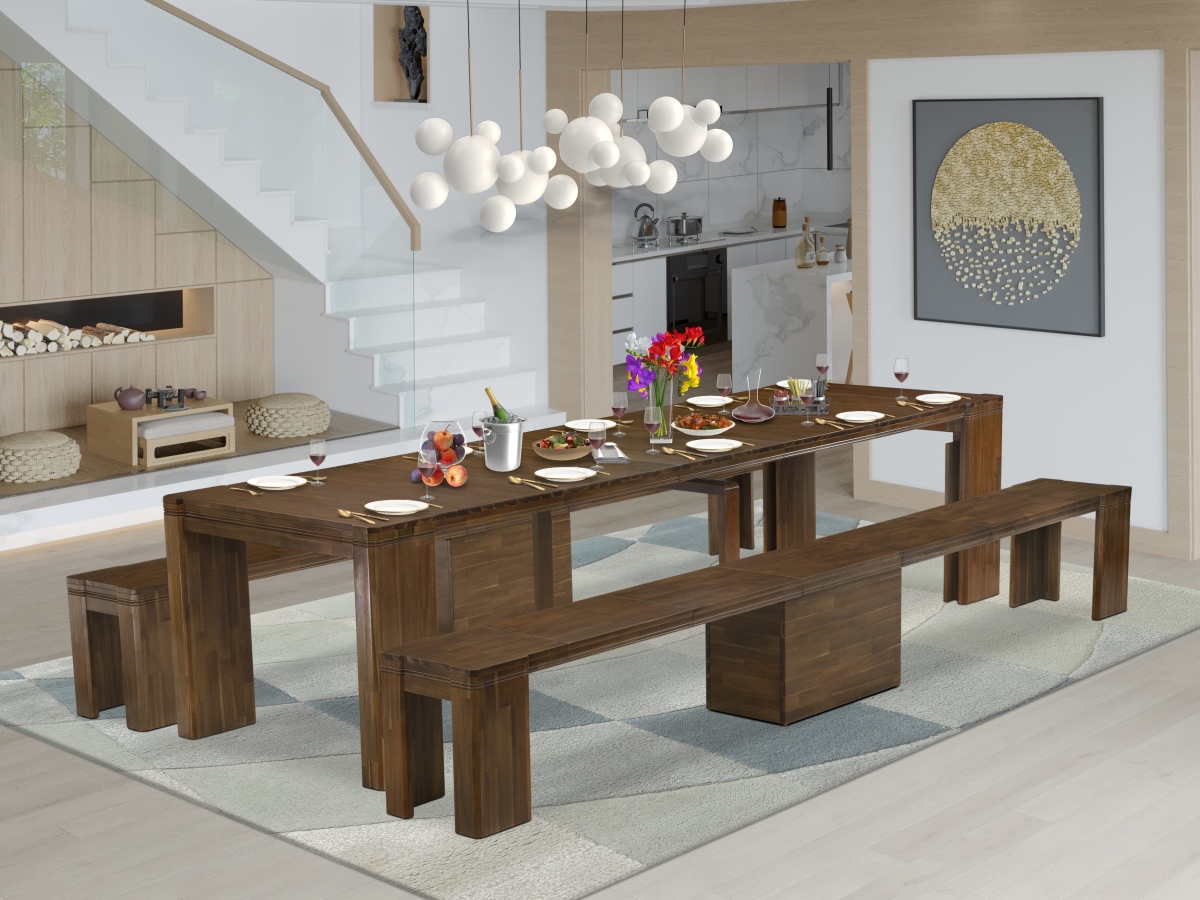 X0000-208-00 Extendable Dining Set, Antique Walnut - 1 Extendable Kitchen Table & 2 Modern Benches - 3 Piece