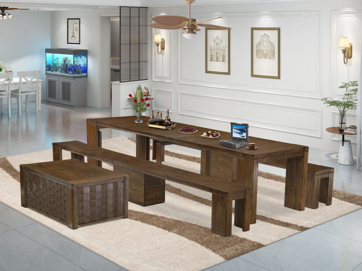 X0000-2C8-00 Extendable Dining Set, Antique Walnut - 1 Xtenczar Kitchen Table - 1 Coffee Table & 2 Modern Benches - 4 Piece