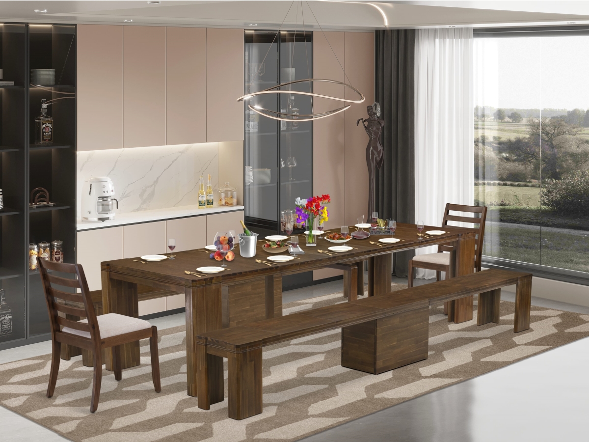 Extendable Dining Set, Antique Walnut - A Rectangle Xtenczar Kitchen Table & 2 Light Tan Fabric Stackable Chairs & 2 Modern Benches - 5 Piece