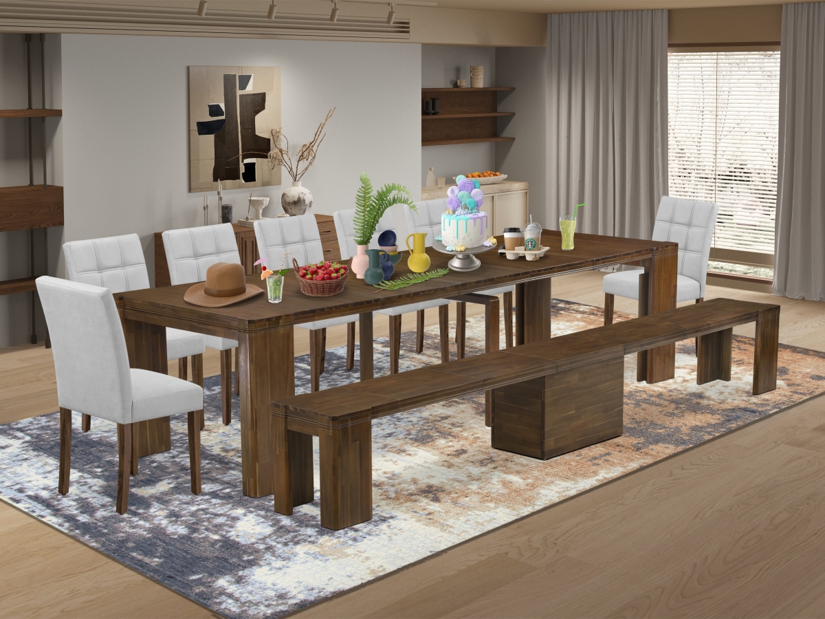 Extendable Dining Set, Antique Walnut - A Rectangle Xtenczar Kitchen Table - 7 Mist Beige Dining Chairs Linen Fabric & 1 Modern Bench - 9 Piece