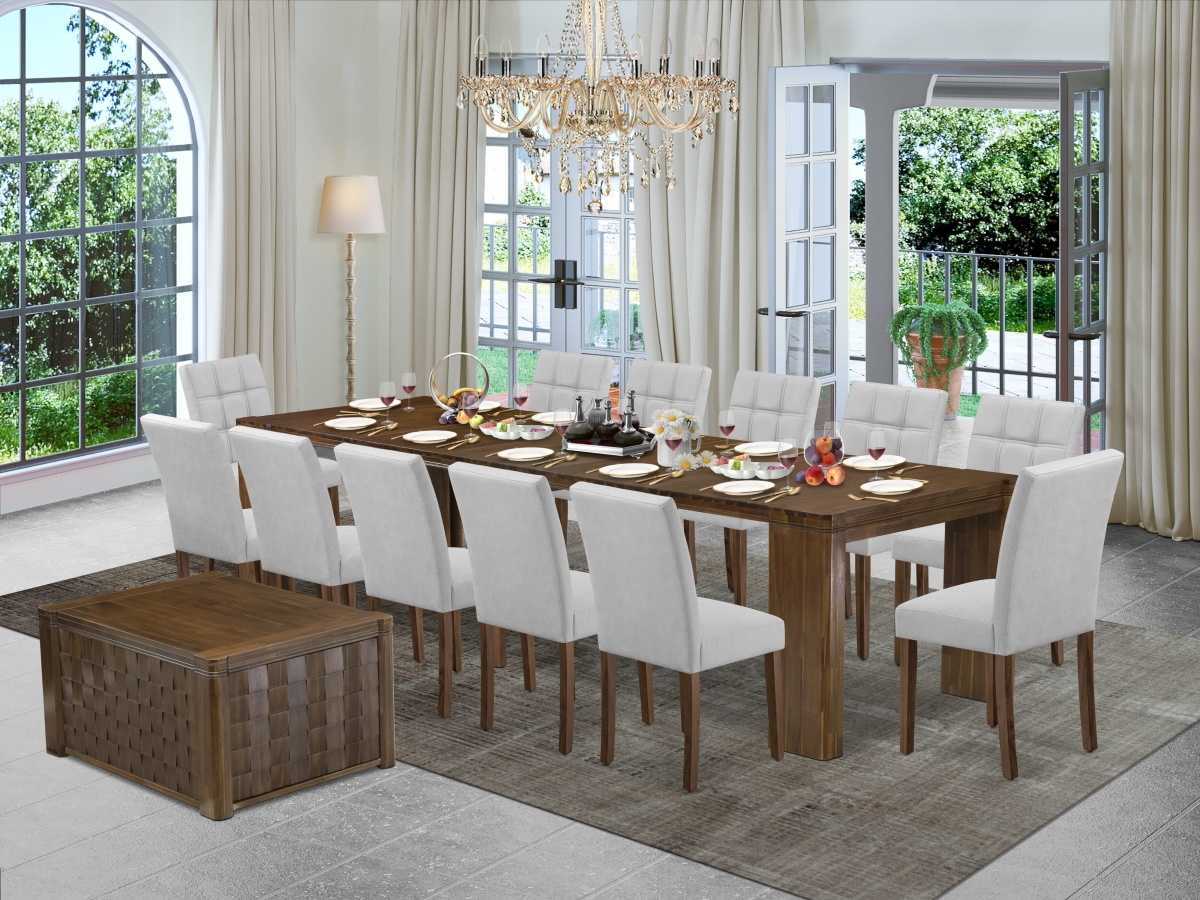 Extendable Dining Set, Antique Walnut - A Rectangle Xtenczar Kitchen Table - 1 Coffee Table & 12 Mist Beige Linen Fabric Dining Chairs - 4 Piece