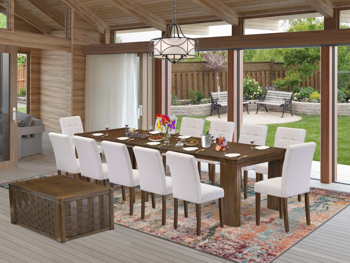 Extendable Dining Set, Antique Walnut - A Rectangle Xtenczar Kitchen Table - 1 Coffee Table & 12 Light Gray Faux Leather Dining Chairs - 4 Piece