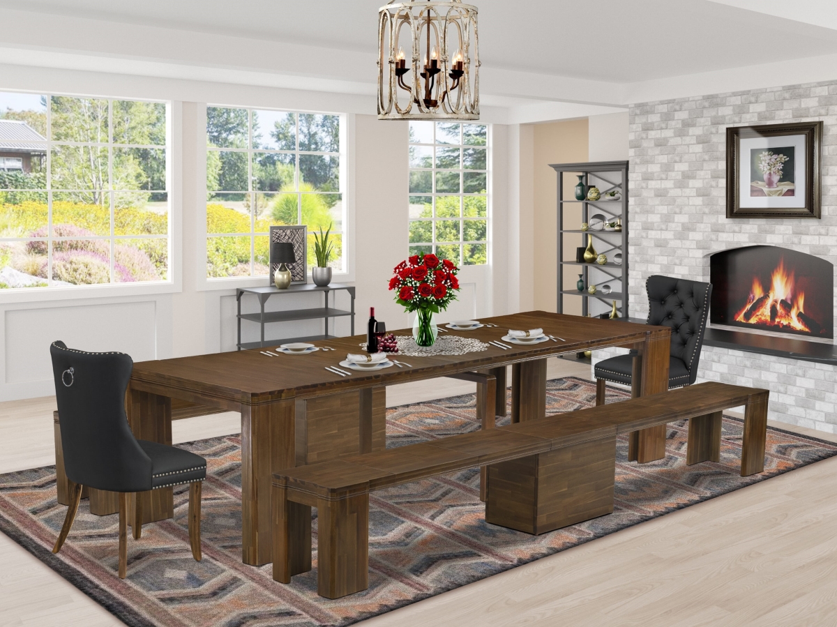 Extendable Dining Set, Antique Walnut - A Rectangle Xtenczar Kitchen Table - 2 Dark Gray Faux Leather Dining Chairs & 2 Modern Benches - 5 Piece