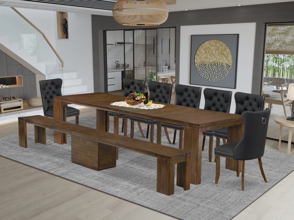 Extendable Dining Set, Antique Walnut - A Rectangle Xtenczar Kitchen Table - 7 Dark Gray Faux Leather Dining Chairs & 1 Modern Bench - 9 Piece