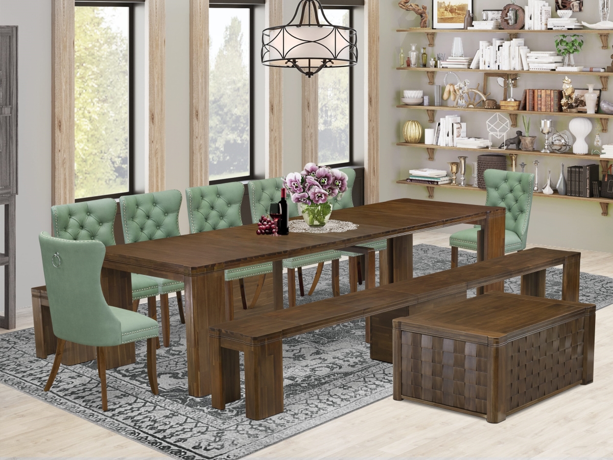 Extendable Dining Set, Antique Walnut - A Rectangle Xtenczar Kitchen Table - 1 Coffee Table - 7 Willow Green Leather Chairs & 1 Modern Bench