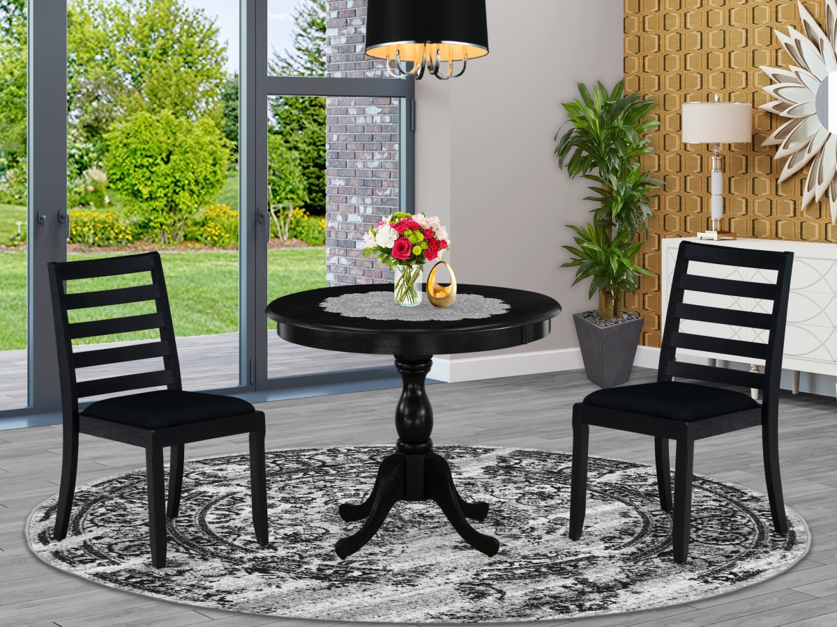 AMX13-ABK-24 Dining Set, Wire Brushed Black - A Round Kitchen Table - 2 Stackable Dining Chairs - 3 Piece