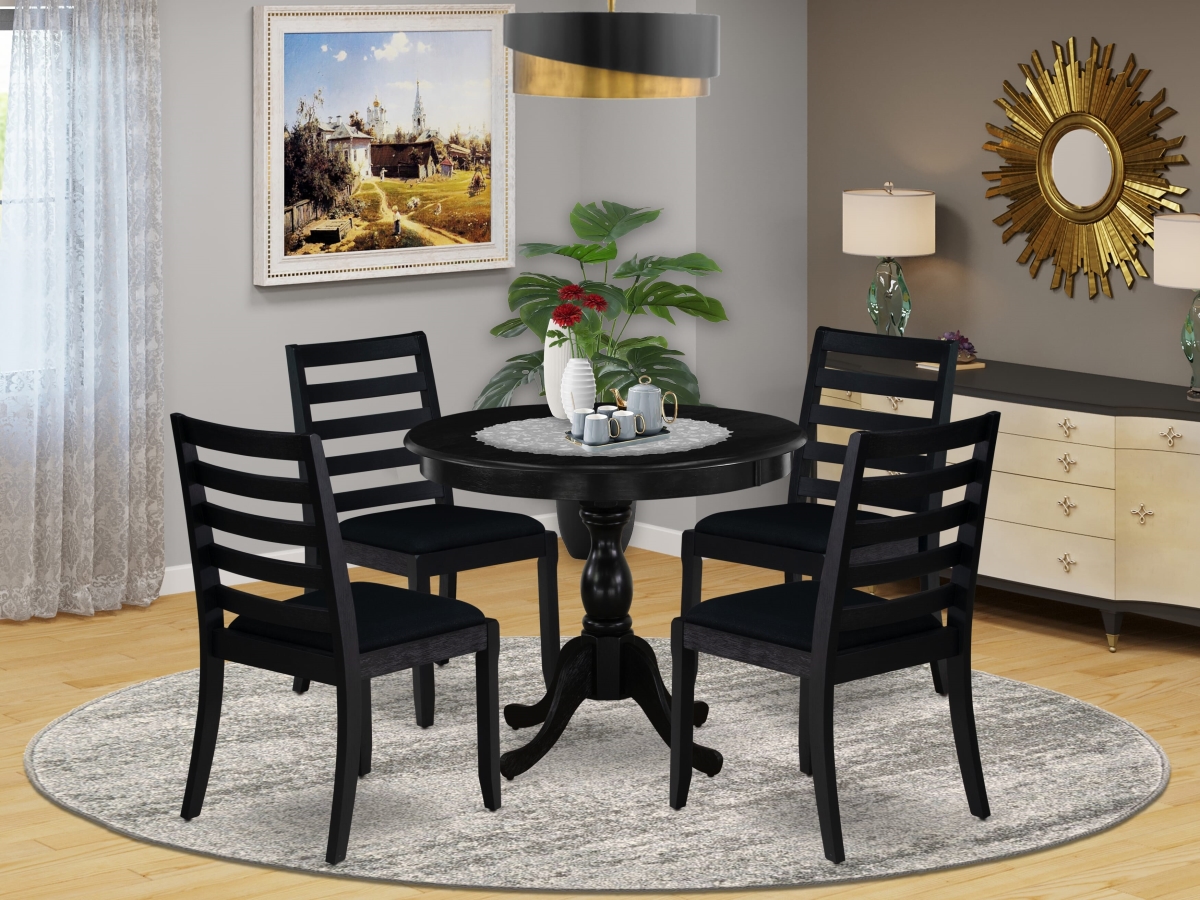 AMX15-ABK-24 Dining Set, Wire Brushed Black - A Round Kitchen Table - 4 Stackable Dining Chairs - 5 Piece
