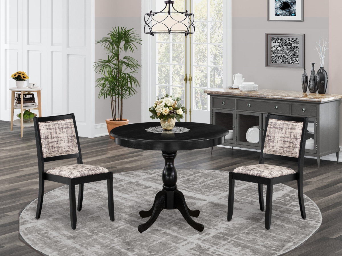 AMX23-ABK-30 A Round Table & 2 Stackable Faux Leather Fabric Chairs Dining Set, Wire Brushed Black - 3 Piece