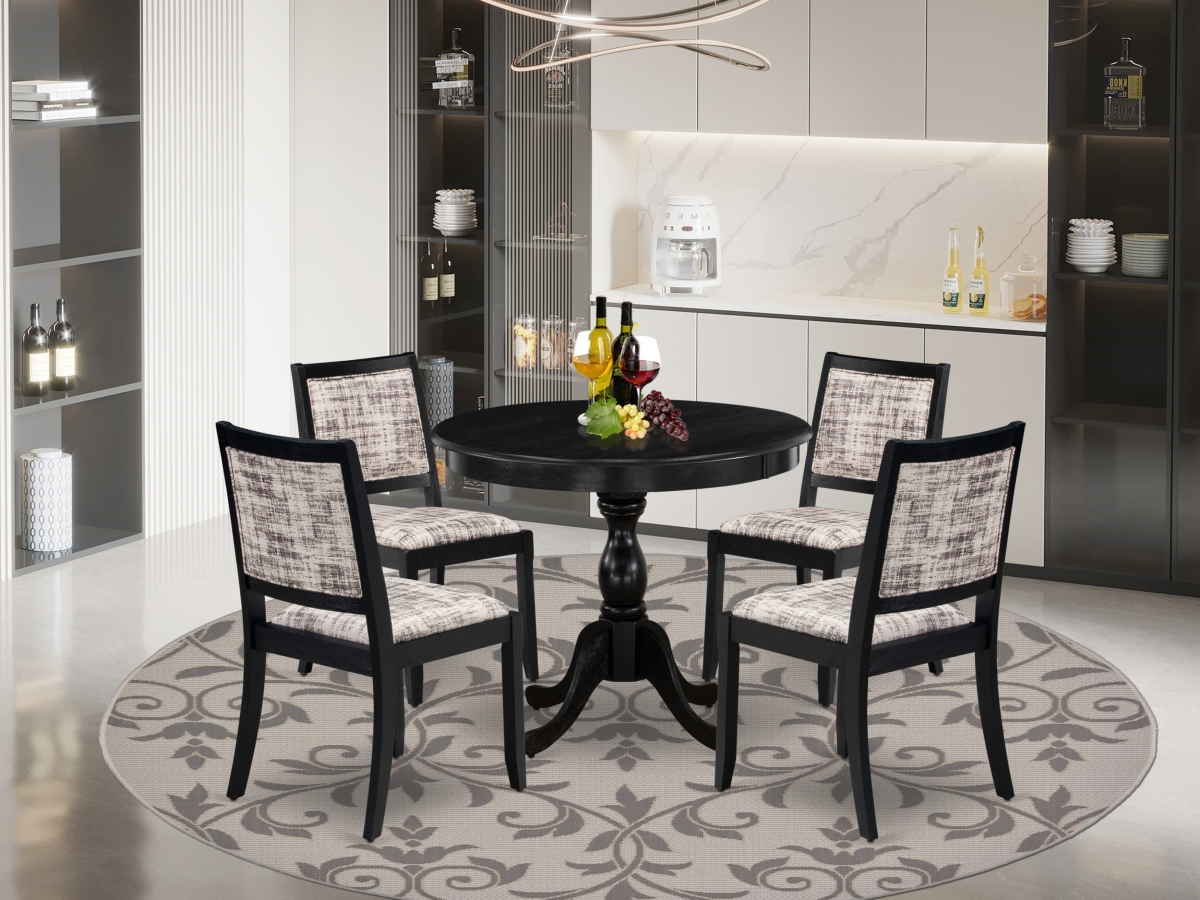 AMX25-ABK-30 A Round Table & 4 Stackable Faux Leather Fabric Chairs Dining Set, Wire Brushed Black - 5 Piece