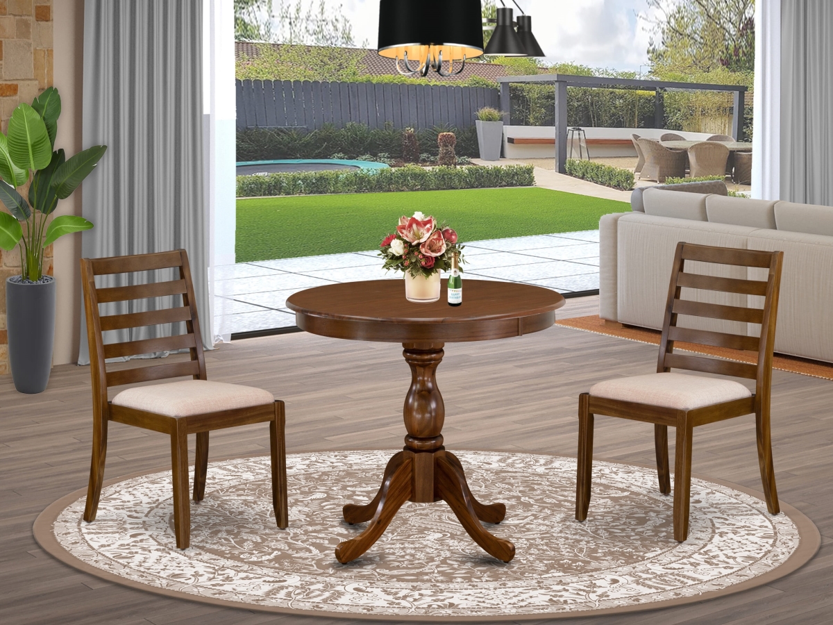 ASX13-AWA-04 Dining Set, Antique Walnut - A Round Table & 2 Stackable Linen Fabric Chairs - 3 Piece