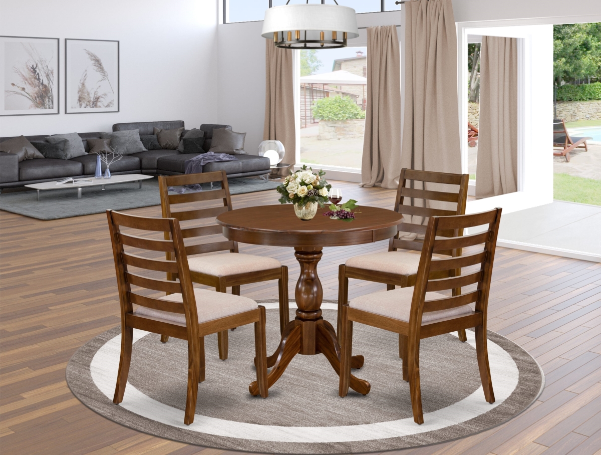 ASX15-AWA-04 Dining Set, Antique Walnut - A Round Table & 4 Stackable Linen Fabric Chairs - 5 Piece