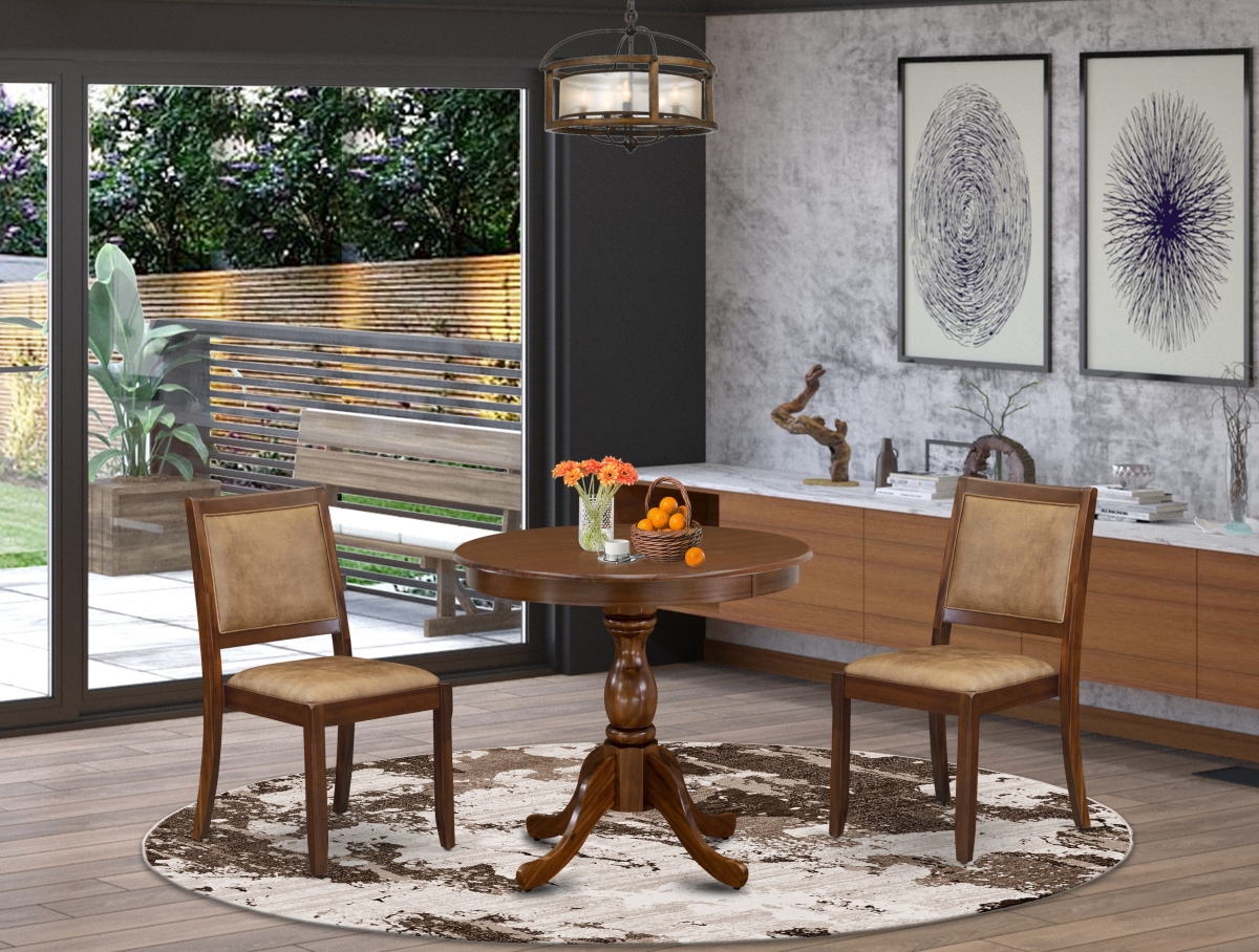 ASX23-AWA-28 Dining Set, Antique Walnut - A Round Table & 2 Stackable Faux Leather Chairs - 3 Piece