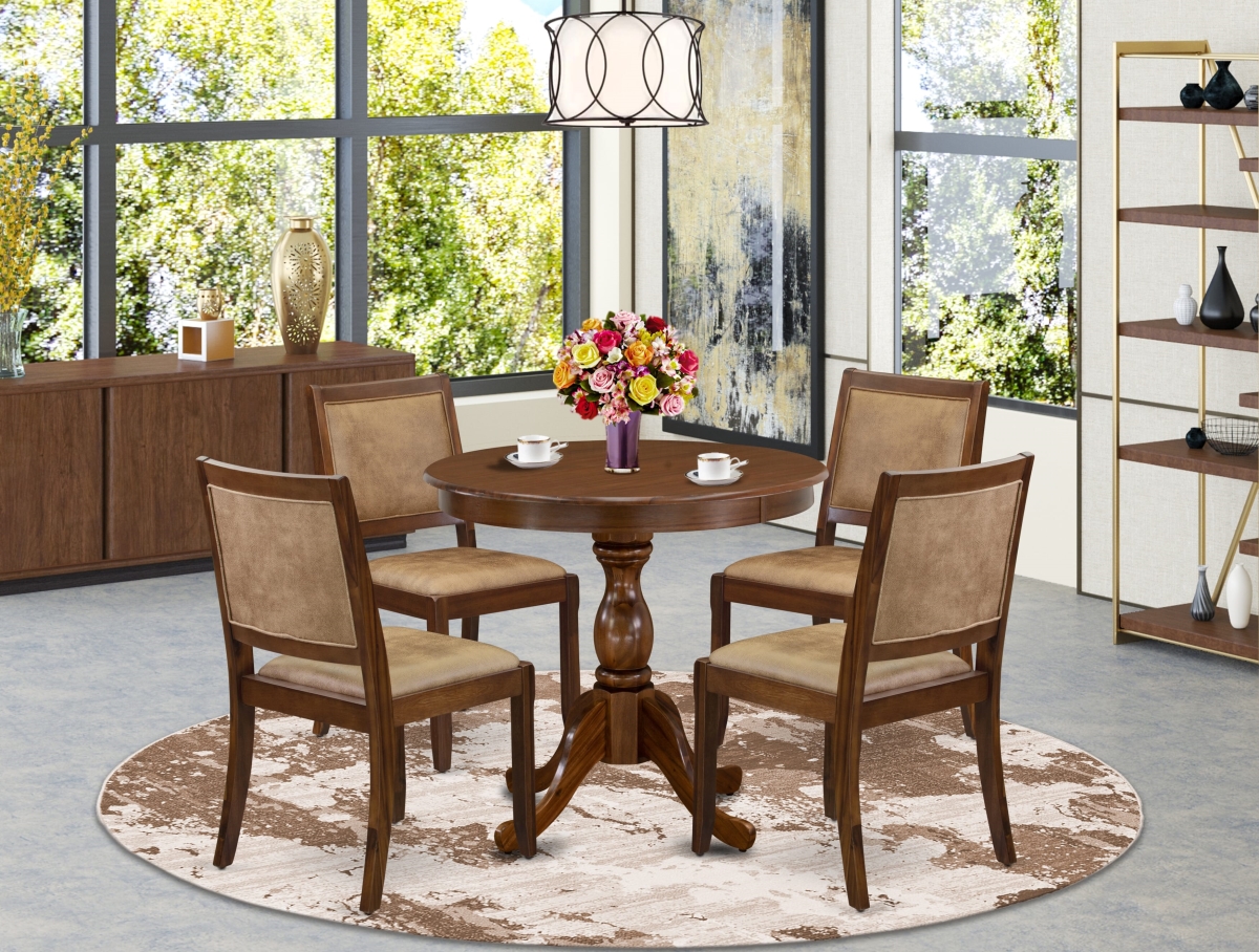 ASX25-AWA-28 Dining Set, Antique Walnut - A Round Table & 4 Stackable Faux Leather Chairs - 5 Piece