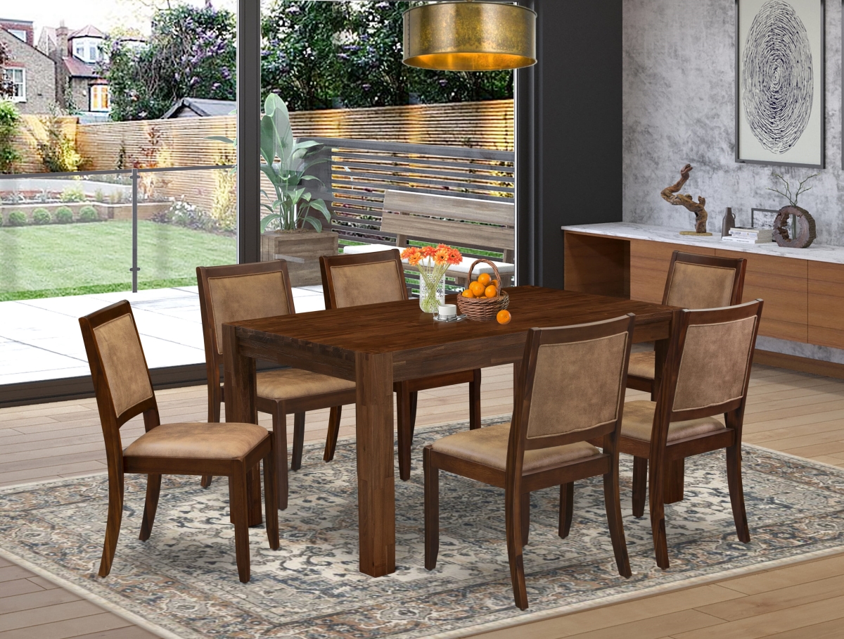 CNX27-0N-28 Kitchen Set, Antique Walnut - Rectangular Table & 6 Brown Texture Leather Stackable Chair Finish - 7 Piece
