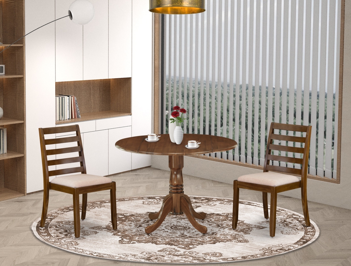 DLX13-AWA-04 Dining Set, Antique Walnut - A Round Table & 2 Light Tan Linen Fabric Stackable Chair Finish - 3 Piece