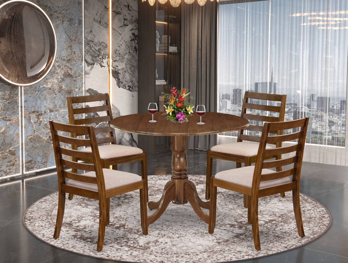 DLX15-AWA-04 Dining Set, Antique Walnut - A Round Table & 4 Light Tan Linen Fabric Stackable Chairs Finish - 5 Piece