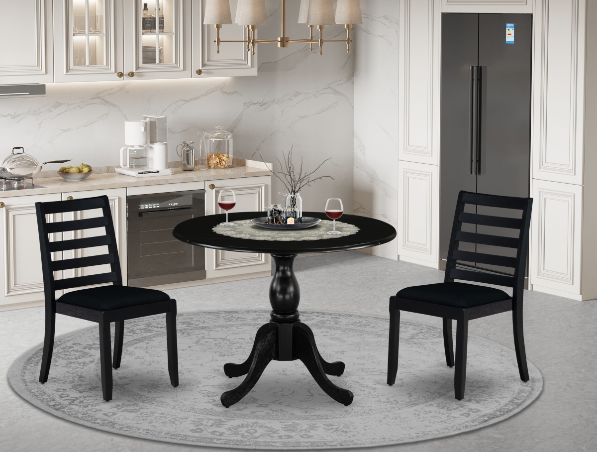 DSX13-BLK-24 A Round Table & 2 Stackable Linen Fabric Chairs Dining Set, Black - 3 Piece