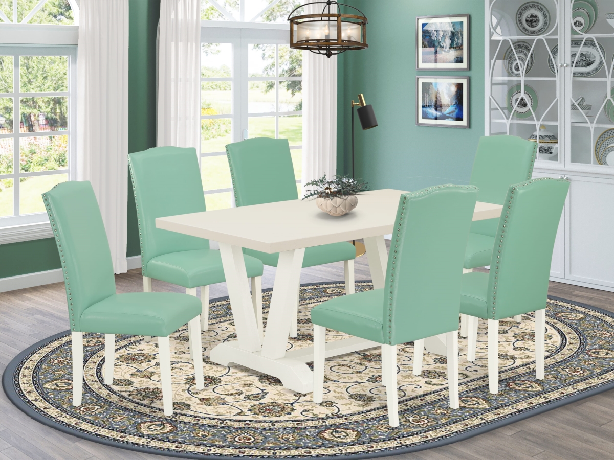 Dining Room Set, Multi Color - A Wood Table & 6 Pond Pu Faux Leather Upholstered Dining Chairs - Wire Brushed Linen White Finish - 7 Piece