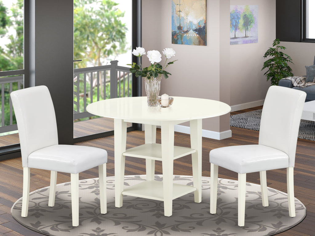 Round 0.476 in. Table with 2 11 in. Drop Leaves & 2 Parson Chair with Linen White Leg & Pu Leather Color White, Linen White - 3 Piece