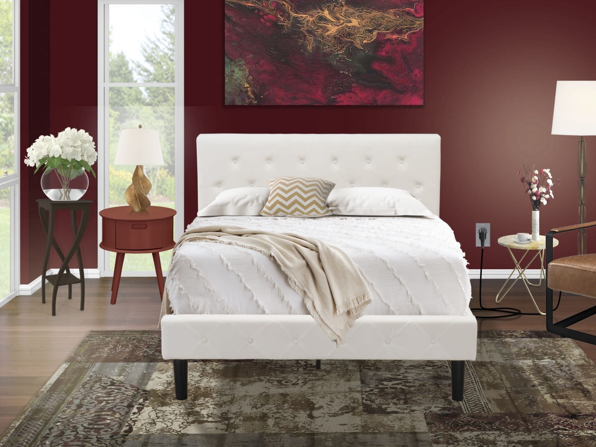 Full Bed Set, White Velvet - 1 Bed Frame Linen White Velvet Fabric Headboard & 1 Bedroom Nightstand - Burgundy Finish Nightstand - 2 Piece