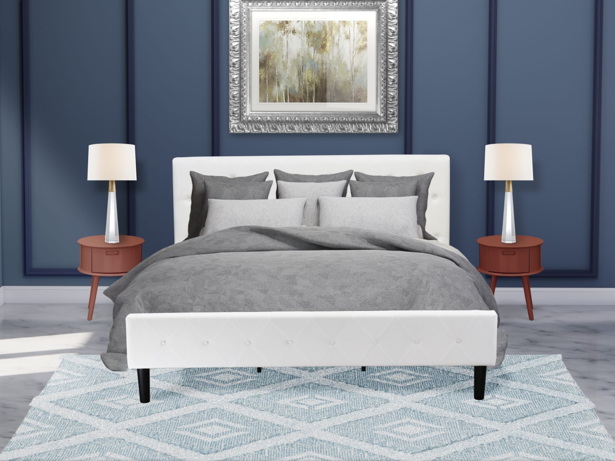 King Bed Set, White Velvet - 1 Platform Bed Linen White Velvet Fabric Headboard & 2 Bedroom Nightstand - Burgundy Finish Nightstand - 3 Piece
