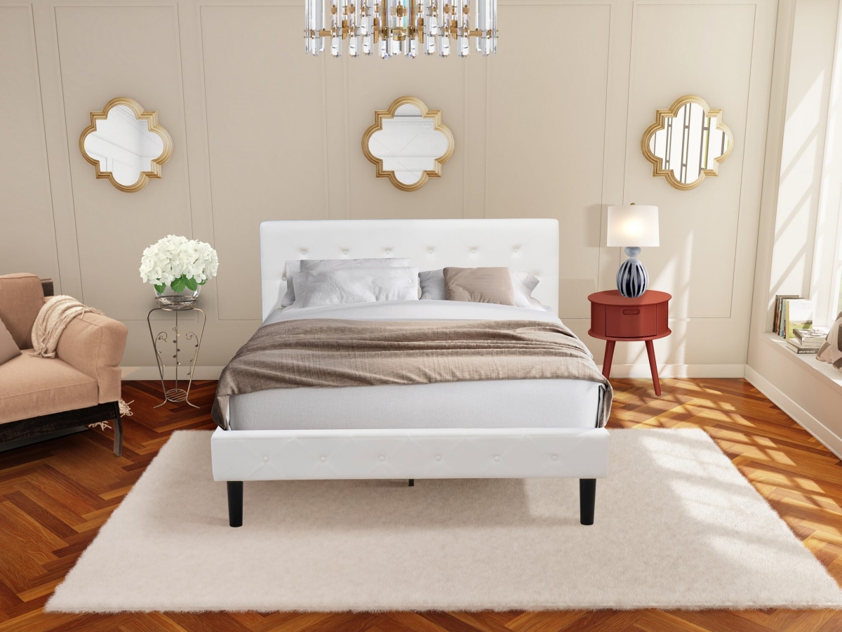NL19Q-1GO13 Bed Set, White Velvet - 1 Queen Bed Linen White Velvet Fabric Headboard & 1 Wooden Night Stand - Burgundy Finish Nightstand - 2 Piece