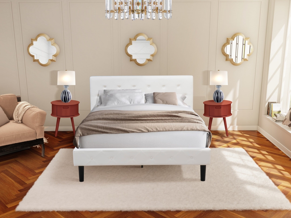 Bed Set, White Velvet - 1 Bed Linen White Velvet Fabric Headboard & 2 Night Stands for Bedrooms - Burgundy Finish Nightstand - 3 Piece