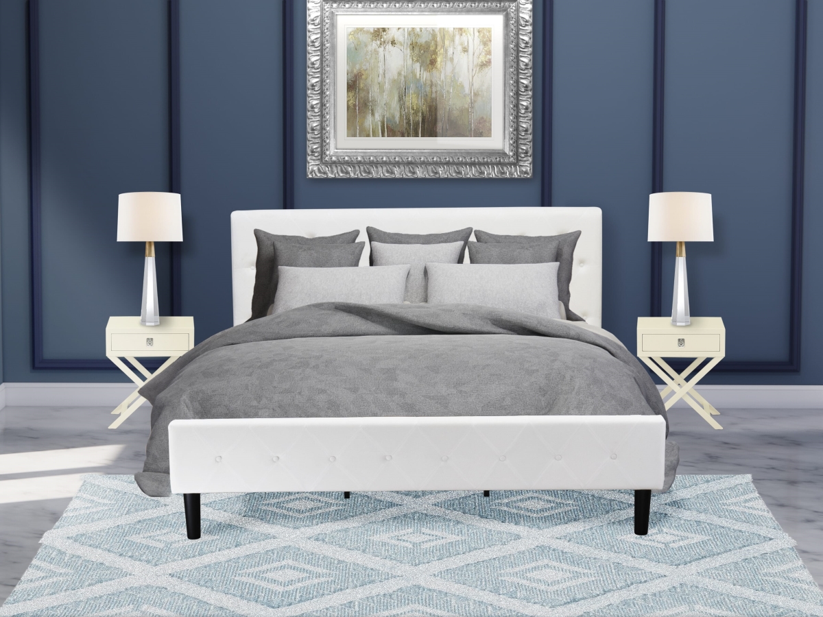 NL19K-2HA05 Bed Set, White Velvet - 1 King Size Bed Linen White Velvet Fabric Headboard & 2 Wooden Night Stand Finish Nightstand - 3 Piece