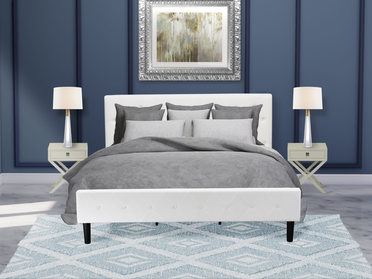 Bedroom Set, White Velvet - 1 Bed Frame Linen White Velvet Fabric Headboard & 2 Small Nightstands - Urban Gray Finish Nightstand - 3 Piece
