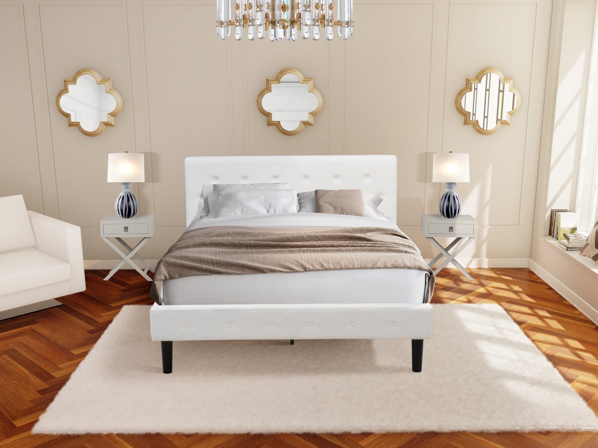 Bed Set, White Velvet - 1 Queen Bed Linen White Velvet Fabric Headboard & 2 Mid Century Nightstand - Urban Gray Finish Nightstand - 3 Piece