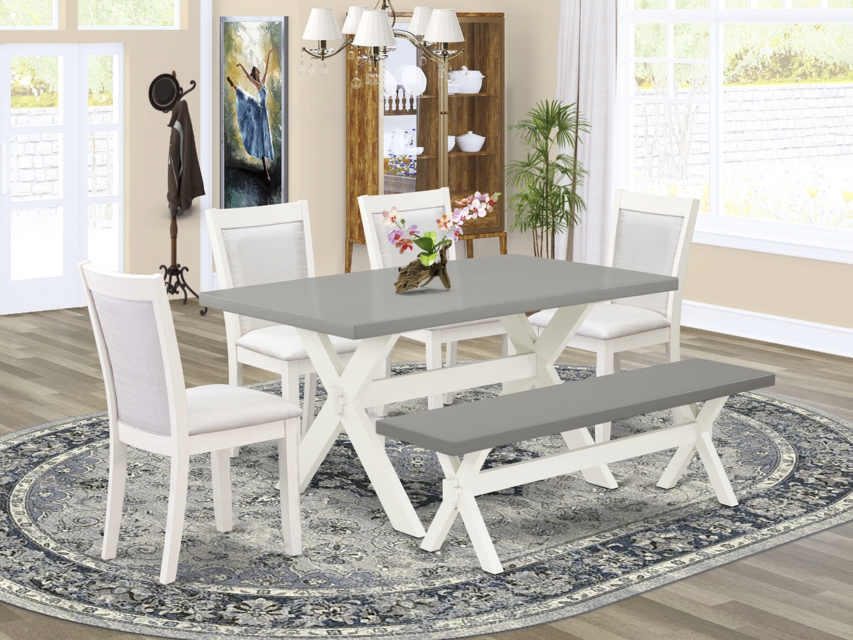 X096MZ001-6 Dining Set, Multi Color - A Kitchen Table - 4 Cream Dining Chairs & A Dining Bench - Wire Brushed Linen White Finish - 6 Piece